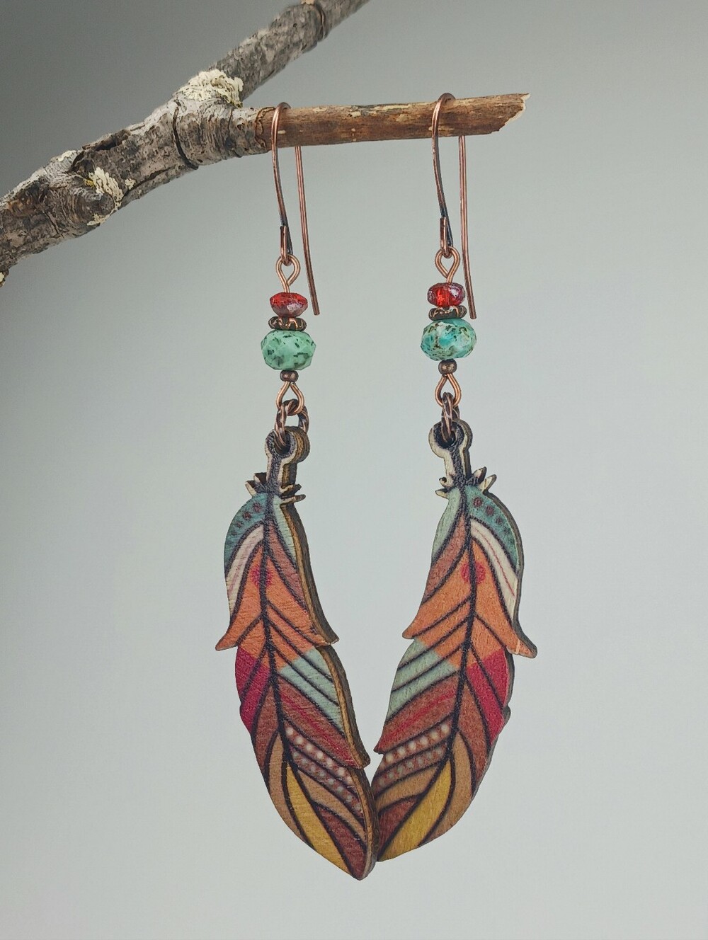 Painted Wood Feather Earrings African Turquoise Jasper Copper Artisan - Picture 2 of 7